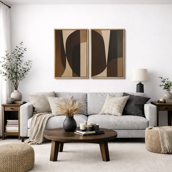 Framed Canvas Print Geometric Abstract Wall Art Set of 2 Mid-Century Modern Decorative for Living Room Bedroom - 16"x24"x2 NATURAL
