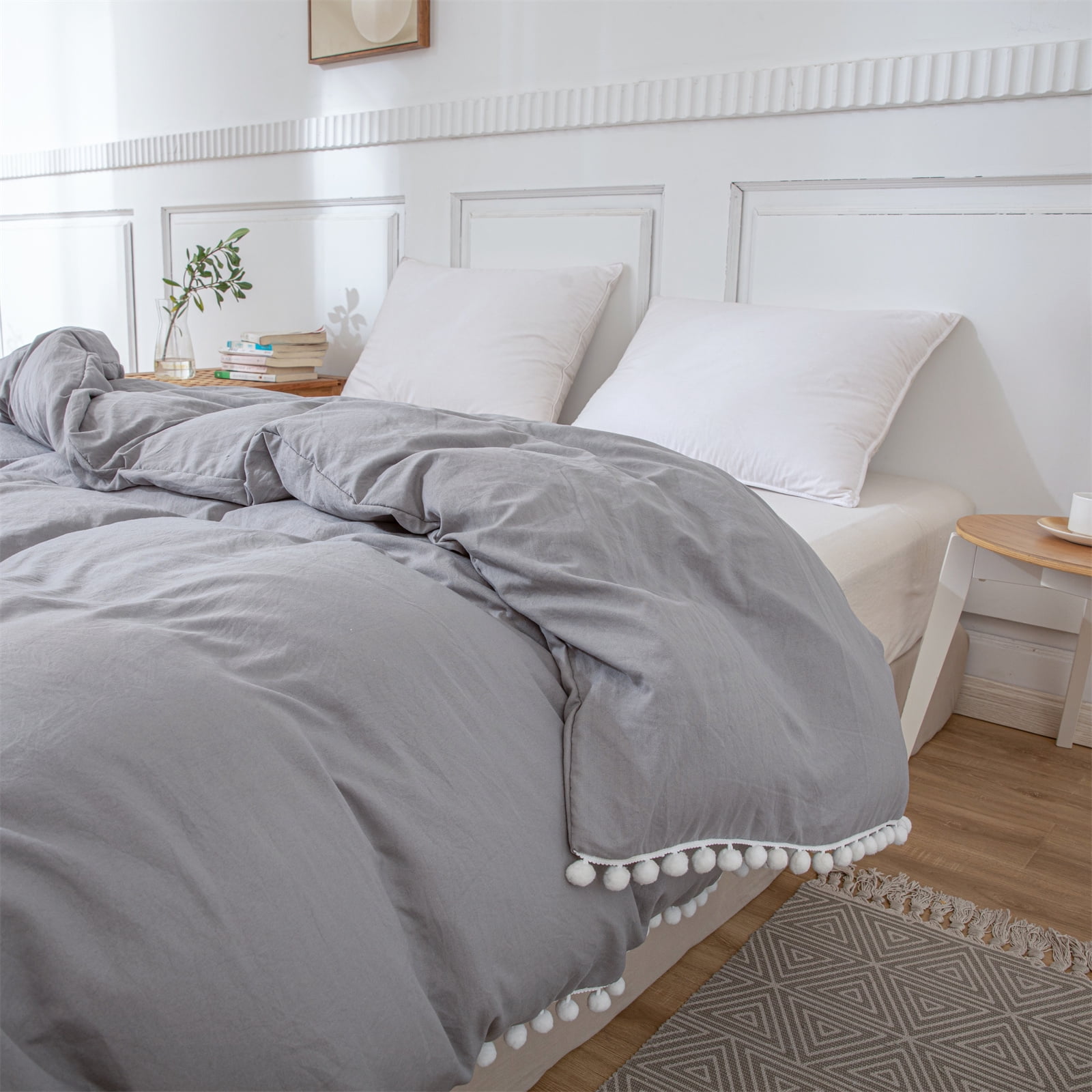 Move Over Grey Duvet Cover Queen White Pom Poms Quilt Cover Only Ball