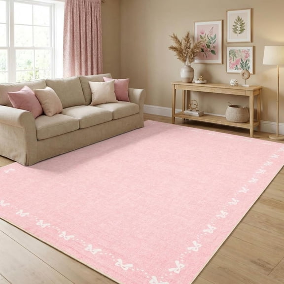 4x6 Washable Non Slip Area Rug with Bowknot Border Low Pile Stain Resistant for Living Room Entryway Pink