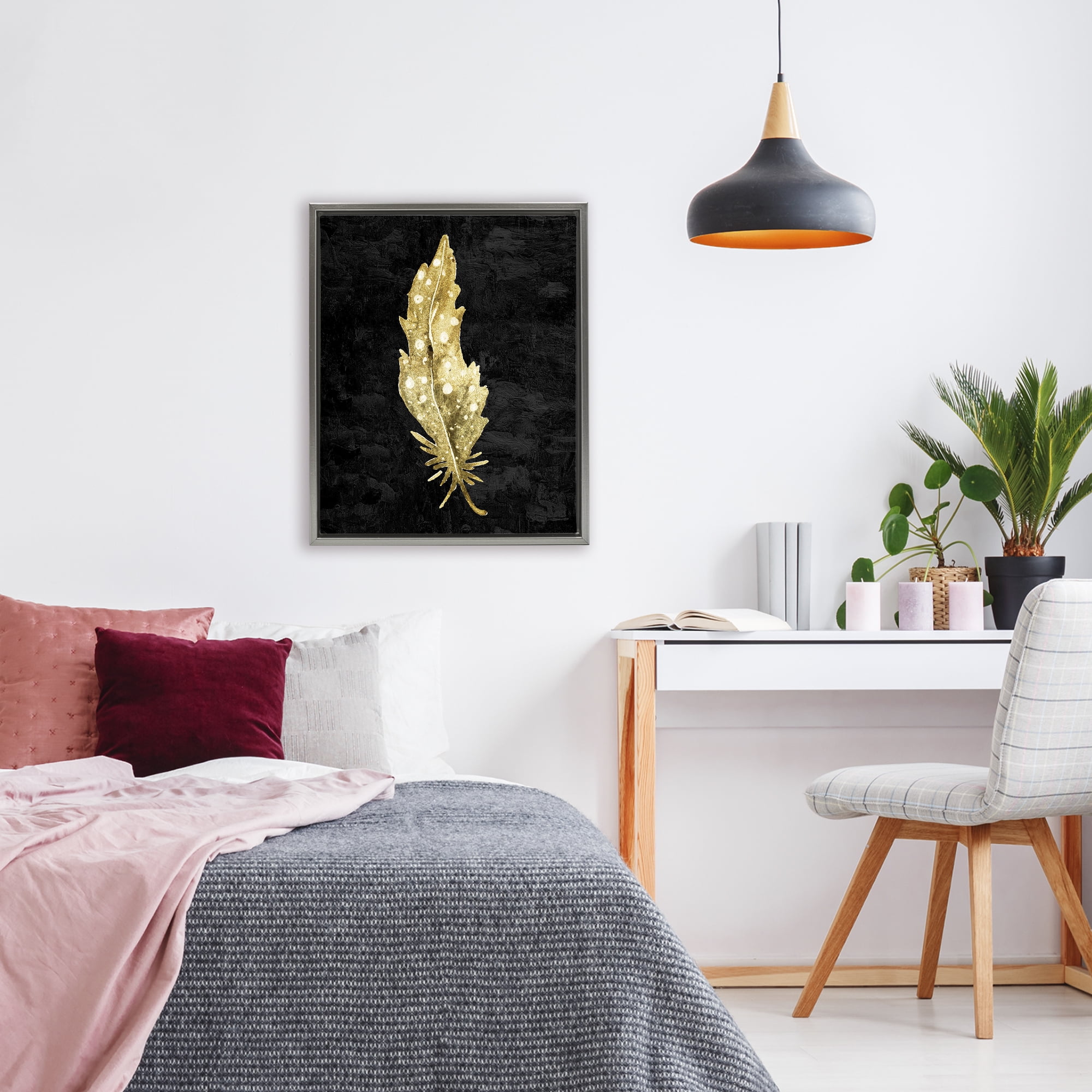 Feather On Black Gray Framed Floater Canvas Wall Art, design by Kim Allen