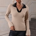 thumbnail image 3 of Suéter de manga acampanada para mujer, elegante, ajustado, con cuello en V, cuello vuelto, jersey de punto acanalado, camisa para el trabajo, 3 of 8