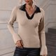 thumbnail image 3 of Suéter de manga acampanada para mujer, elegante, ajustado, con cuello en V, cuello vuelto, jersey de punto acanalado, camisa para el trabajo, color caqui XL, 3 of 8