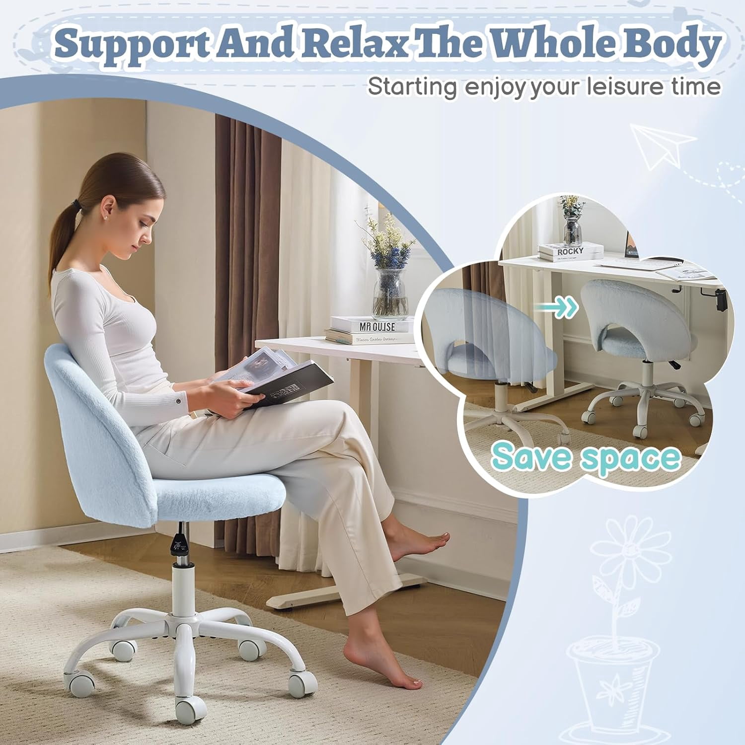 VINGLI Small Vanity Chair with Wheels for Girls.Cute Modern Adjustable Height Armless Office Desk Chair.360°Swivel Comfy Rolling Chair for Study, Make up Room,Small Space,Linen White