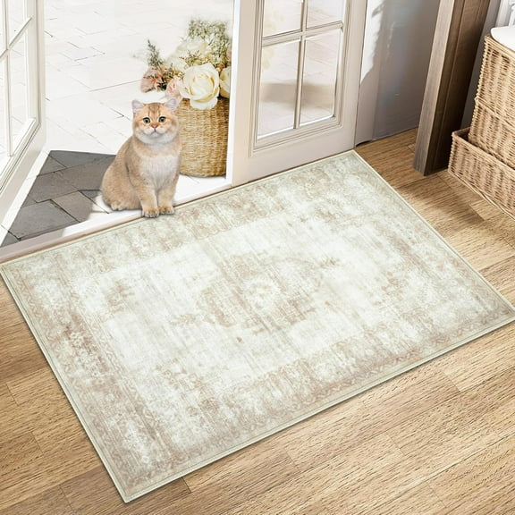 Area Rug 2x3 Entryway Rug - Machine Washable Vintage Boho Area Rug Non-Slip Kitchen Rug Soft Stain Resistant Indoor Door Mat, Small Oriental Throw Rug for Entrance Hallway Bedroom (Beige, 2''x3'')