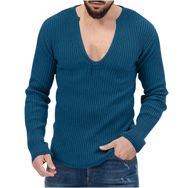 Blusas y camisas de manga larga con cuello en V para hombre, camisetas casuales de manga larga, jersey de punto, camisa de color liso con cuello en V, blusa para hombre