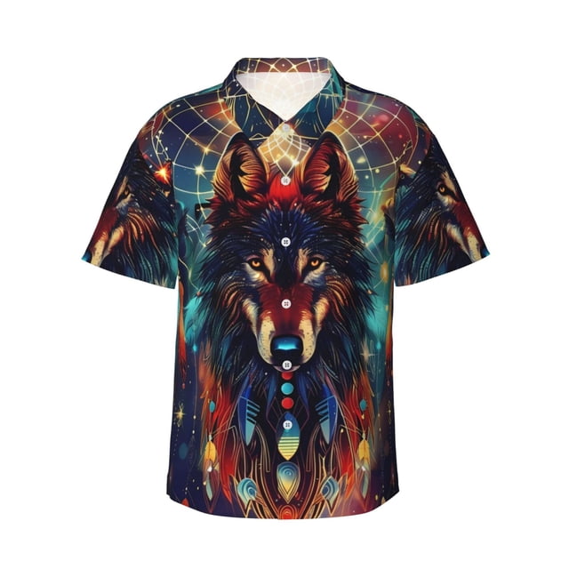 Fotbe Mystic Wolf Dreamcatcher Camisa Hawaiana para Hombre Unisex – Camisa Casual de Verano con Botones de Manga Corta de Algodón y Lino,X-Large