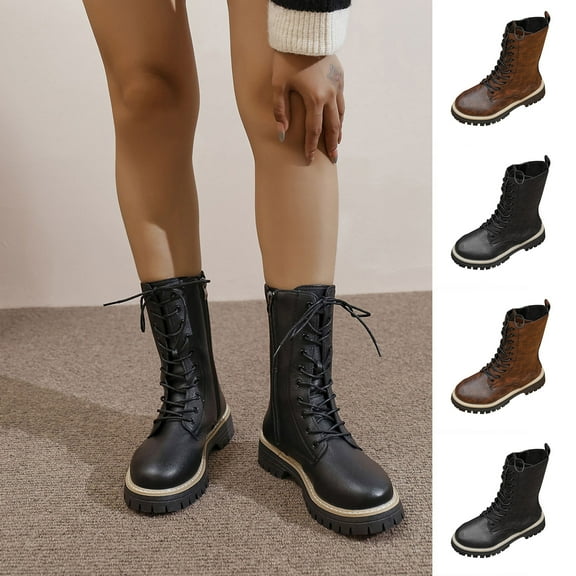 Busydd Mid Calf Boots for Women Trendy Zipper Lace up Women Footwear Casual Versatile Round Toe Womens Boots 5.5