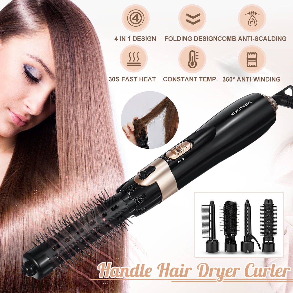 4-in-1 Hair Dryer Curler Anti-scald Foldable Straightening Curling Comb