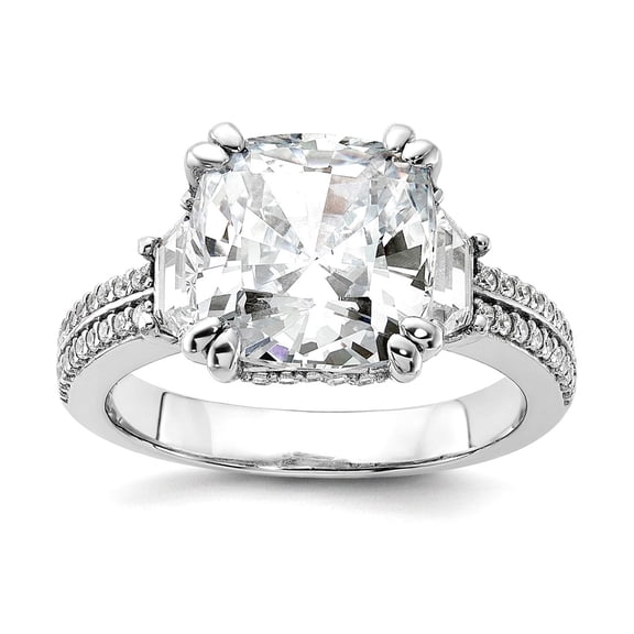 10.8mm 925 Sterling Silver Rhodium Plated Fancy Cushion-cut Baguette-cut and Brilliant-cut CZ Ring Size 9 Ring for Women