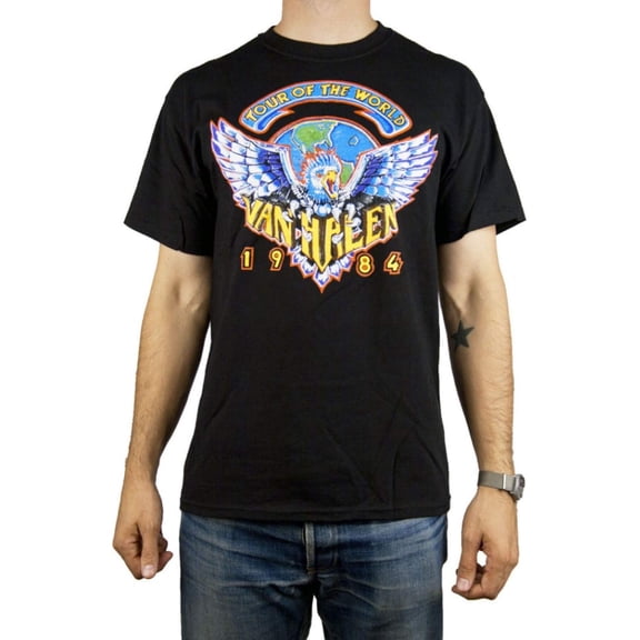 Colorful Eagle Graphic T-Shirt for Music Fans - Van Halen Tour of the World 1984 Design, Black, Medium US