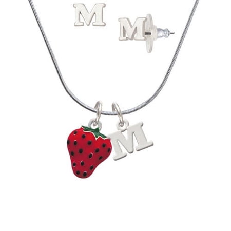 Large Enamel Strawberry – M Initial Charm Necklace and Stud Earrings Jewelry Set