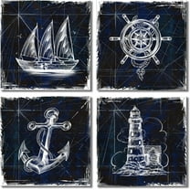Nautical Wall Art Decor Painting Pictures Print On Canvas, Navy Blue Framed Canvas Wall Art for Home Decoration Living Room Bedroom Artwork