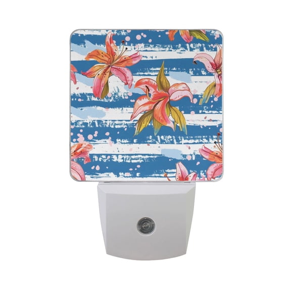 Lily Flowers on Stripe Night Light 2 Pack LED Nightlight Plug into Wall Dusk to Dawn Sensor Soft White