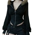 thumbnail image 3 of Yigetop Faux Fur Jacket Women Women's Zip Up Drawstring Hooded Jacket Faux Asymmetrical Hoodie Sweatshirt Y2K Jacket Black L, 3 of 10