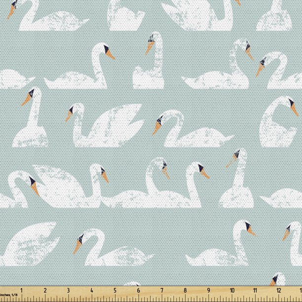 Swans Fabric by the Yard Grunge Style Asymmetric Design Flock of