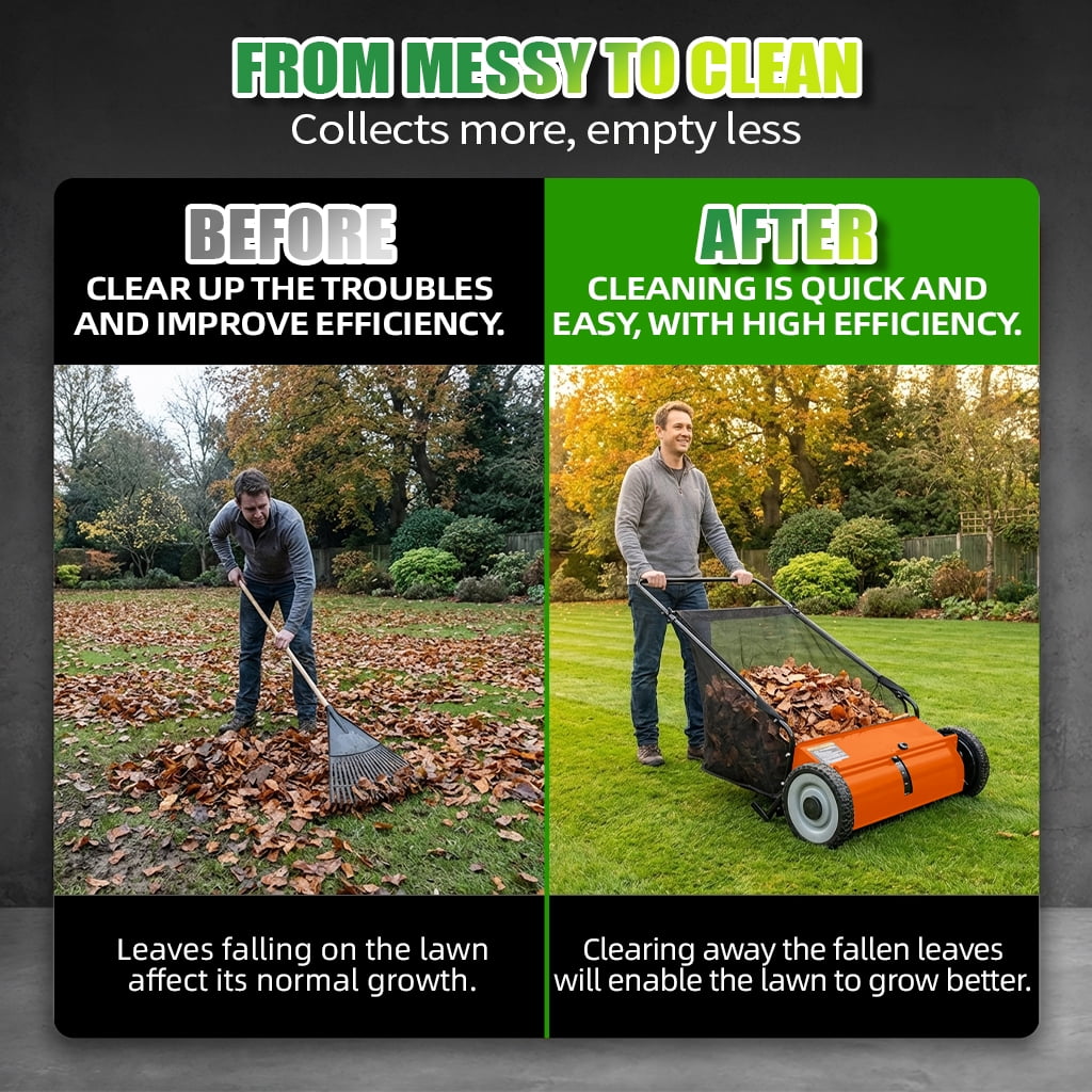 26" Push Lawn Sweeper, 7 cu.ft Large Capacity Yard Sweeper Push, Leaf Collector with Detachable Hopper, Rubber Wheels, Ergonomic Handle for Lawns, Yards & Gardens,Adjustable Height,Orange