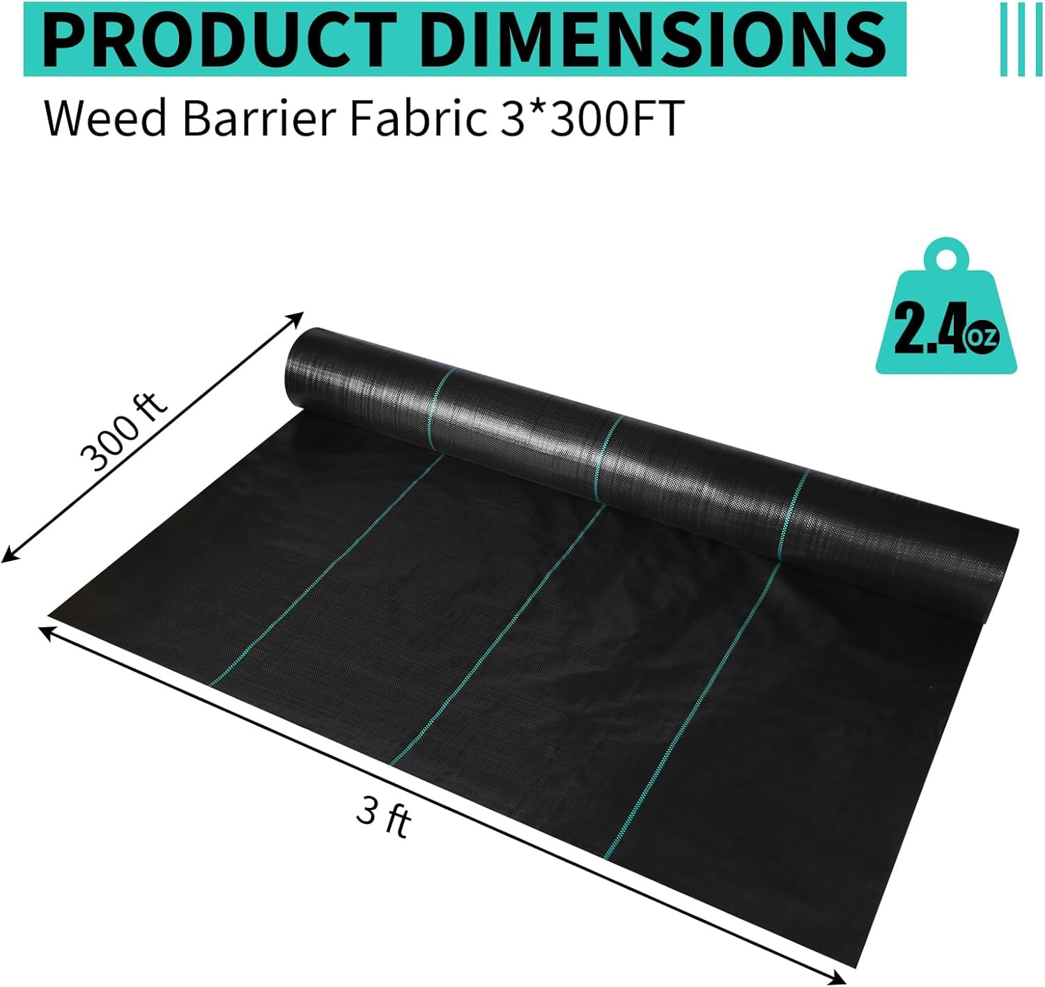 Riedhoff Weed Barrier Fabric 3' x 300', 2.4 oz, Black