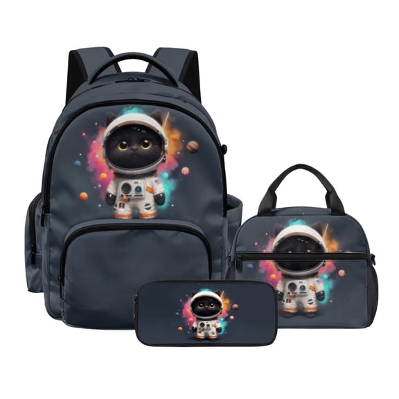 Xoenoiee Cat Astronaut Universe Print Kids Backpack School Bag 3-in-1 Bookbag Set with Lunch Box Pencil Case for Teen Girls Boys Schoolbag Elementary Preschool Bookbag Satchel