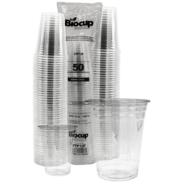 Vasos PET Biocup 12 Oz – Paquete con 50 Piezas | Vasos Reciclables, Resistentes y Apilables para Bebidas Frías | Ideales para Eventos, Negocios y Hogar (VTP12)