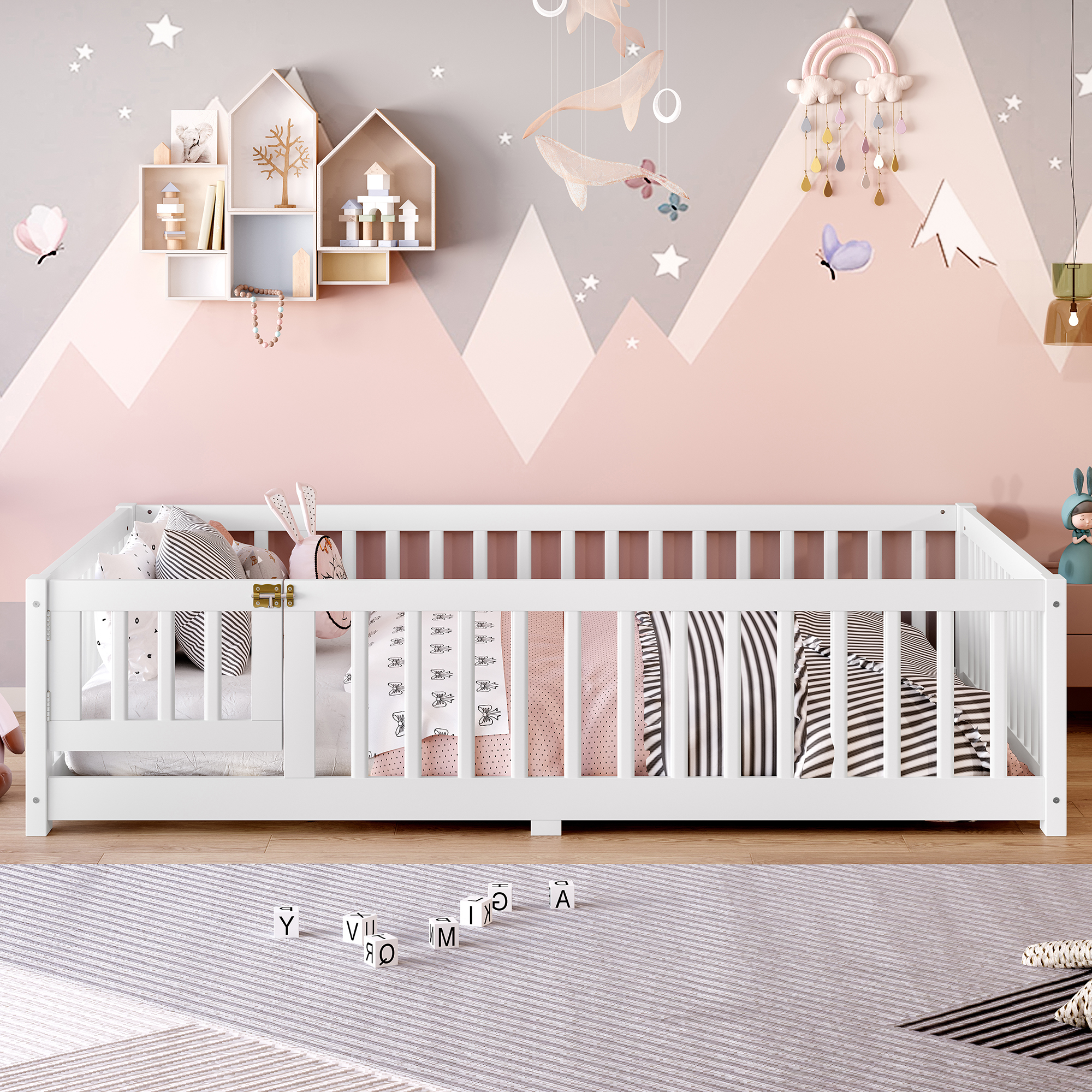 Jopath Full Size Floor Bed Frame,Montessori Bed with Guardrails and Door,with Slatted Base,for Kids,Boys,Girls,White