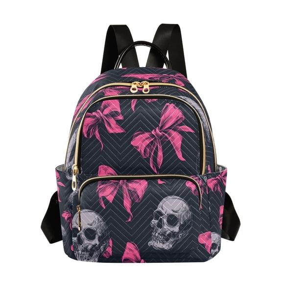 Hot Pink Bows with Skulls Quilted Backpack Fashion Daypack Commuter Bag for Women 8.5 L