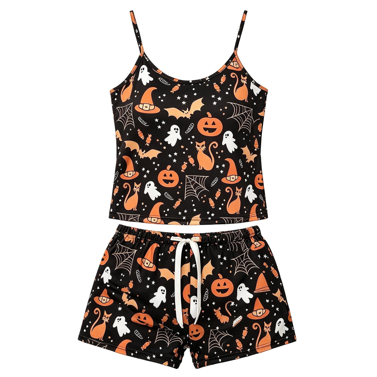 MEZZALL Women's Cute Halloween Sleepwear Set Ghost & Bat Print Cami Pajamas Tops with Waist Tie & Matching Shorts Vacation 2 Piece Pjs