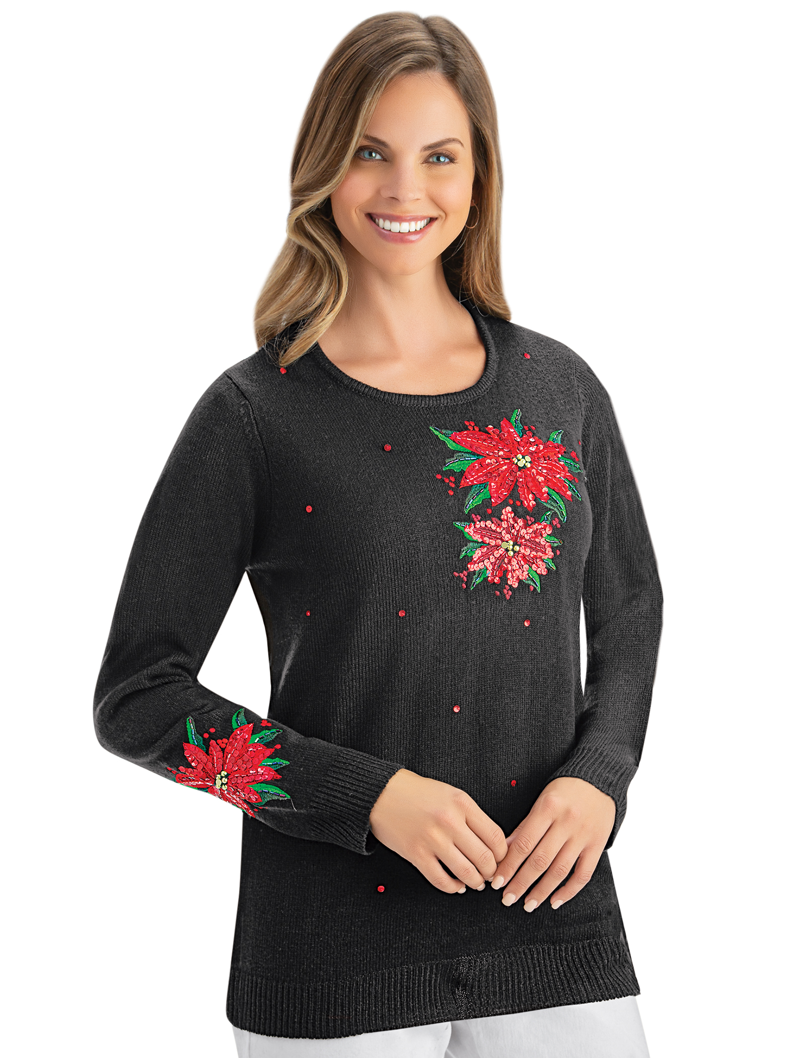 Embroidered Poinsettia Decorated Black 