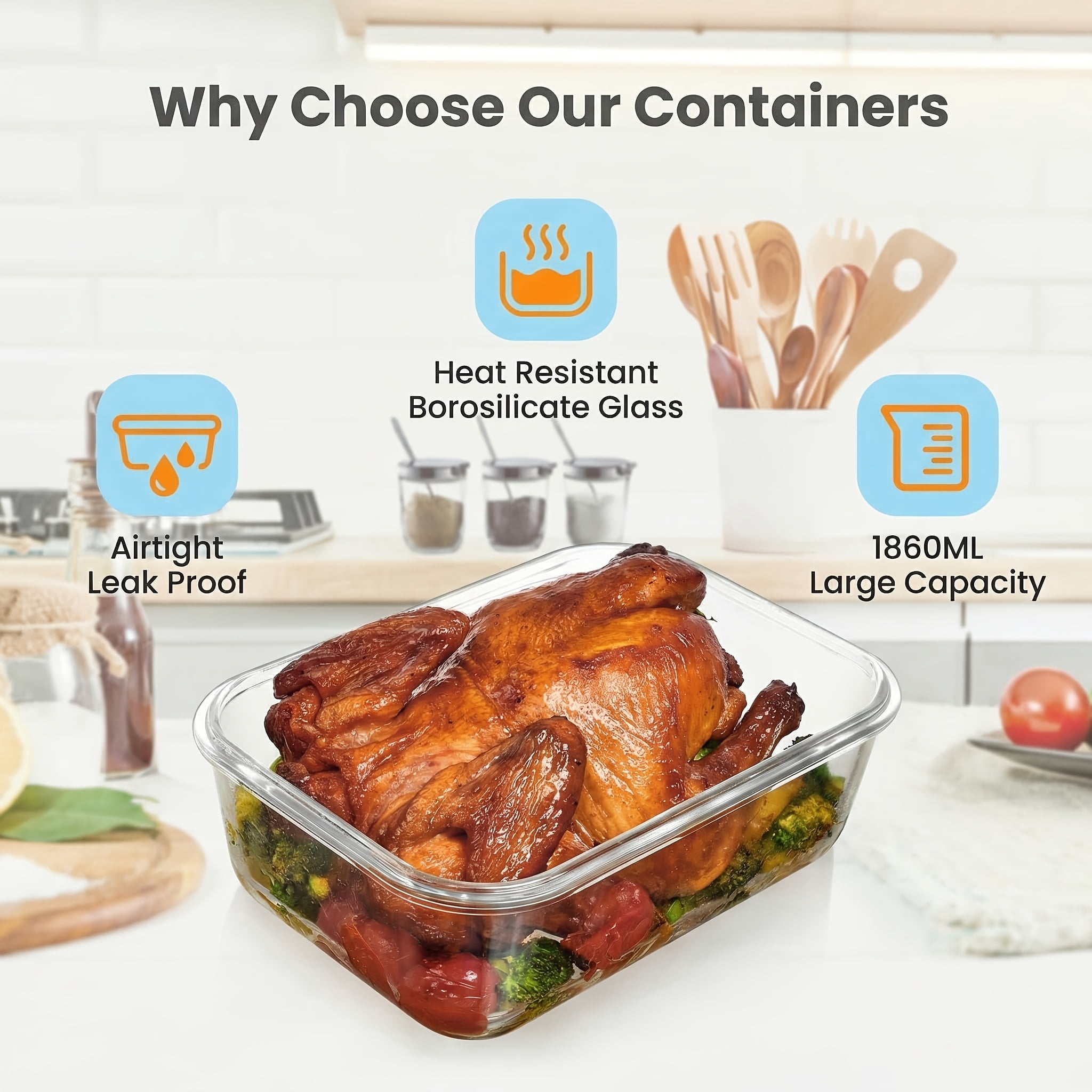 2 Pack Large Glass Food Storage Containers, 63 oz Extra Large Meal Prep Container Set with Airtight Locking Lids, Leak-Proof & BPA-Free
