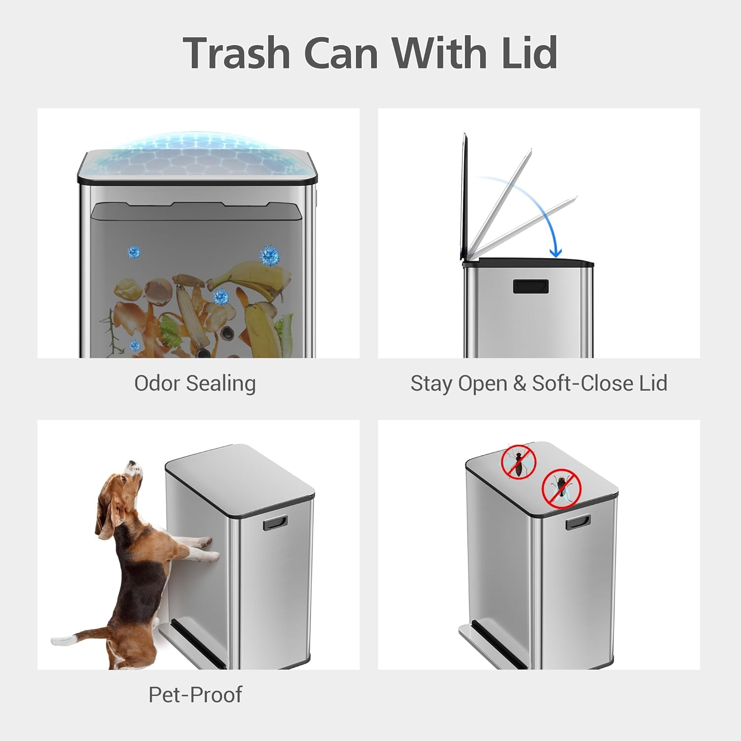 Garvee Stainless Steel 16 Gallon Trash Can, Pedal Dual Trash Bin, Silver