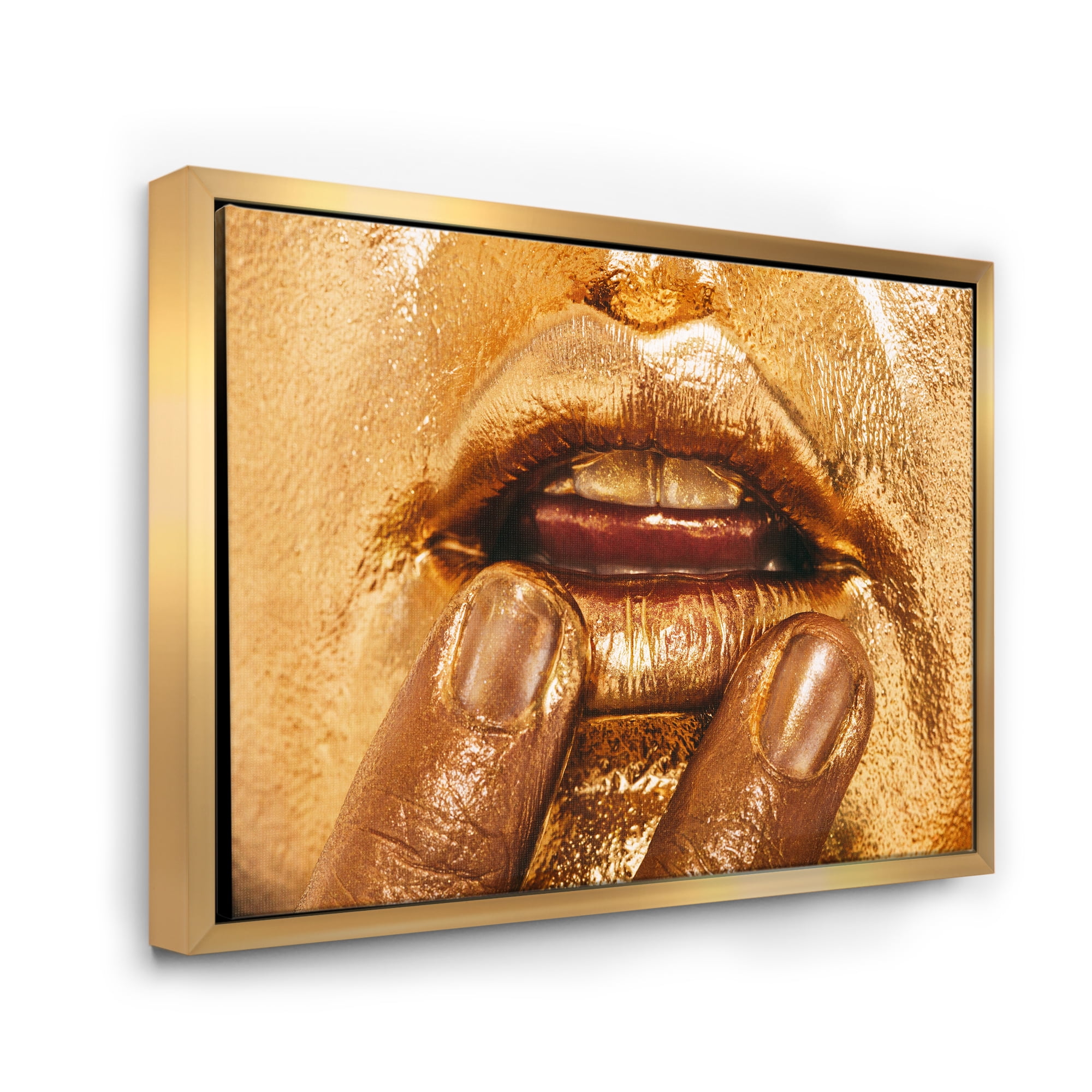 Close Up Of Female Lips With Bright Golden Makeup i 40 in x 30 in Framed Painting Canvas Art Print, by Designart