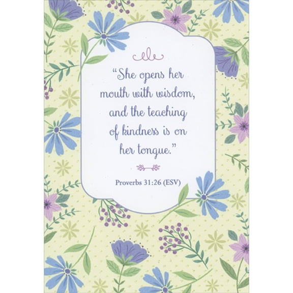 Designer Greetings She Opens Her Mouth with Wisdom Scripture Verse: Repeated Blue and Purple Flowers Religious Mother's Day Card
