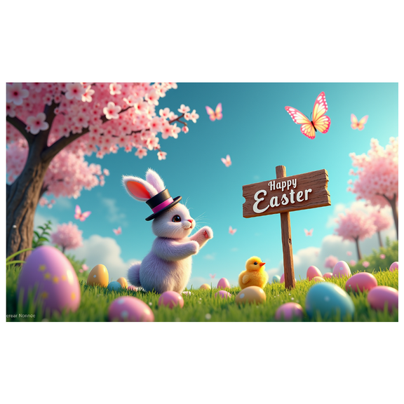 Cherry Blossom Themed Bunny Chick and Eggs Easter Backdrop Banner Party Decorations Photography Props Background for Easter Celebrations Family Gatherings Photo Booths and Festive Events