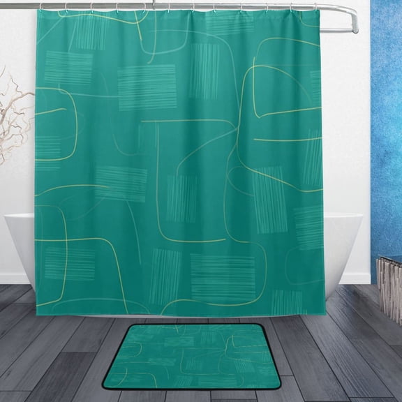 Modern Shower Curtain Set ,Waterproof Bathroom Shower Curtain Decorative Set with 12 pcs Hooks,Dotted Plastic Base Non-slip Durable 66 x 72in Green Line Pattern
