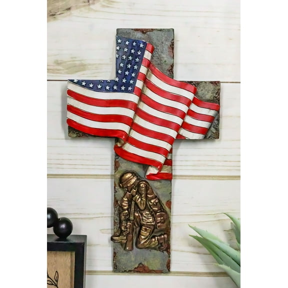 Patriotic Battlefield Kneeling Soldier In Prayer With American Flag Wall Cross