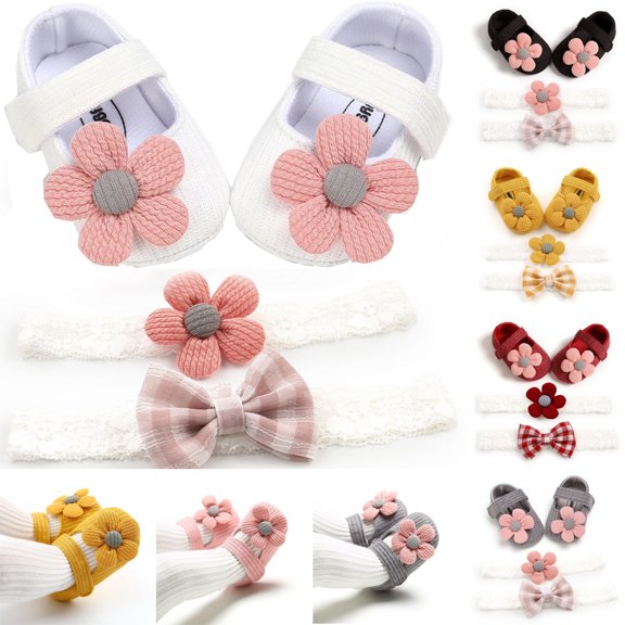 URMAGIC Newborn Baby Girl Shoes 2pcs Headband,Infant Toddler Soft Sole Crib Princess Shoes