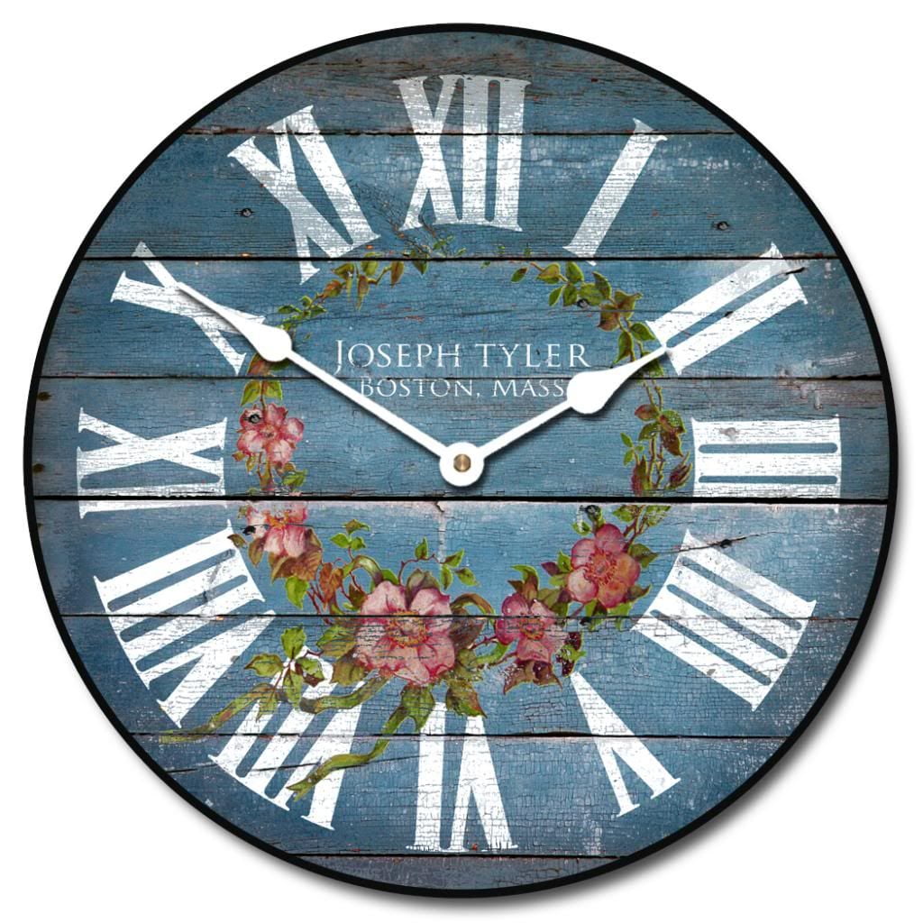 Barnwood Blue Floral Wall Clock Beautiful Color, Silent Mechanism