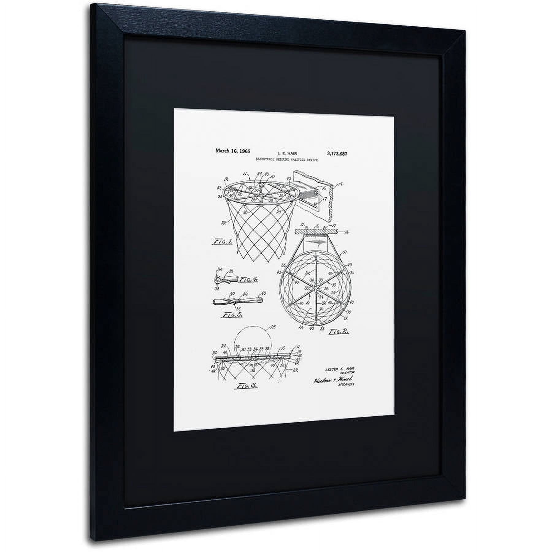 Trademark Fine Art "Basketball Hoop Patent 1965 White" Canvas Art by Claire Doherty, Black Matte, Black Frame