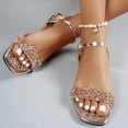 thumbnail image 2 of Rokment Metallic Sparkly Rhinestones Dressy Sandals for Women Ladies 2026 Delicate Bling Square Toe Flat Ankle Strap Low Heels Bride Wedding Low Heel Dress Summer Shoes Beach Gold Size 6, 2 of 5
