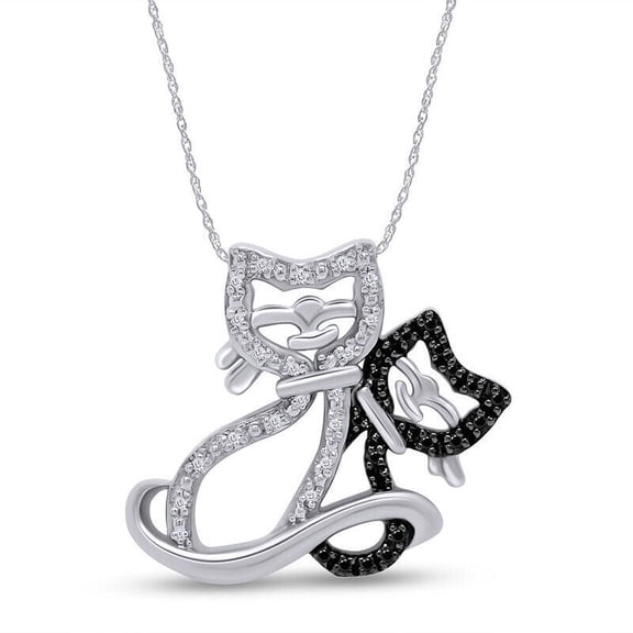 1/6ct Black & White Diamond Double Cat Pendant 18" Necklace 14k White Gold Finish