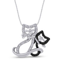 1/6ct Black & White Diamond Double Cat Pendant 18" Necklace 14k White Gold Finish