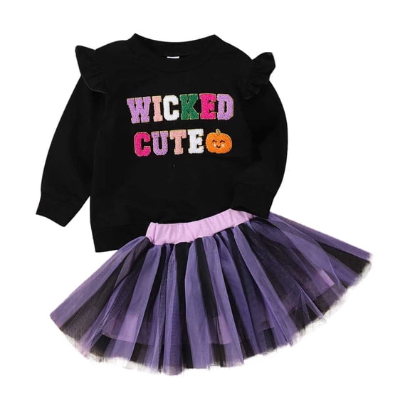 FUZHIQ Girls Long Sleeve Hallowmas Embroider Pullover Tops T Shirt Skirts Outfits