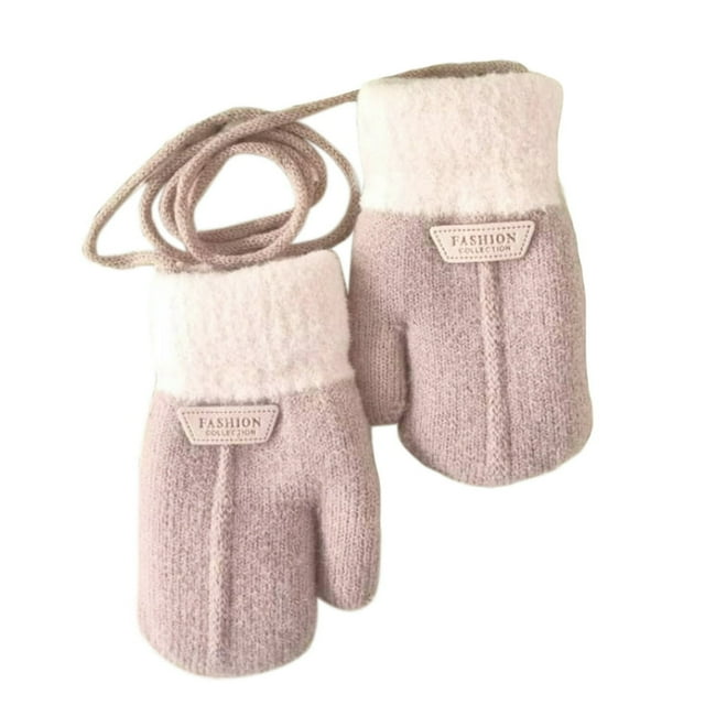 1 Pair Hanging Rope Halter Thickened Fleece Lining Winter Gloves Letter Logo Solid Color Baby Knitting Mittens