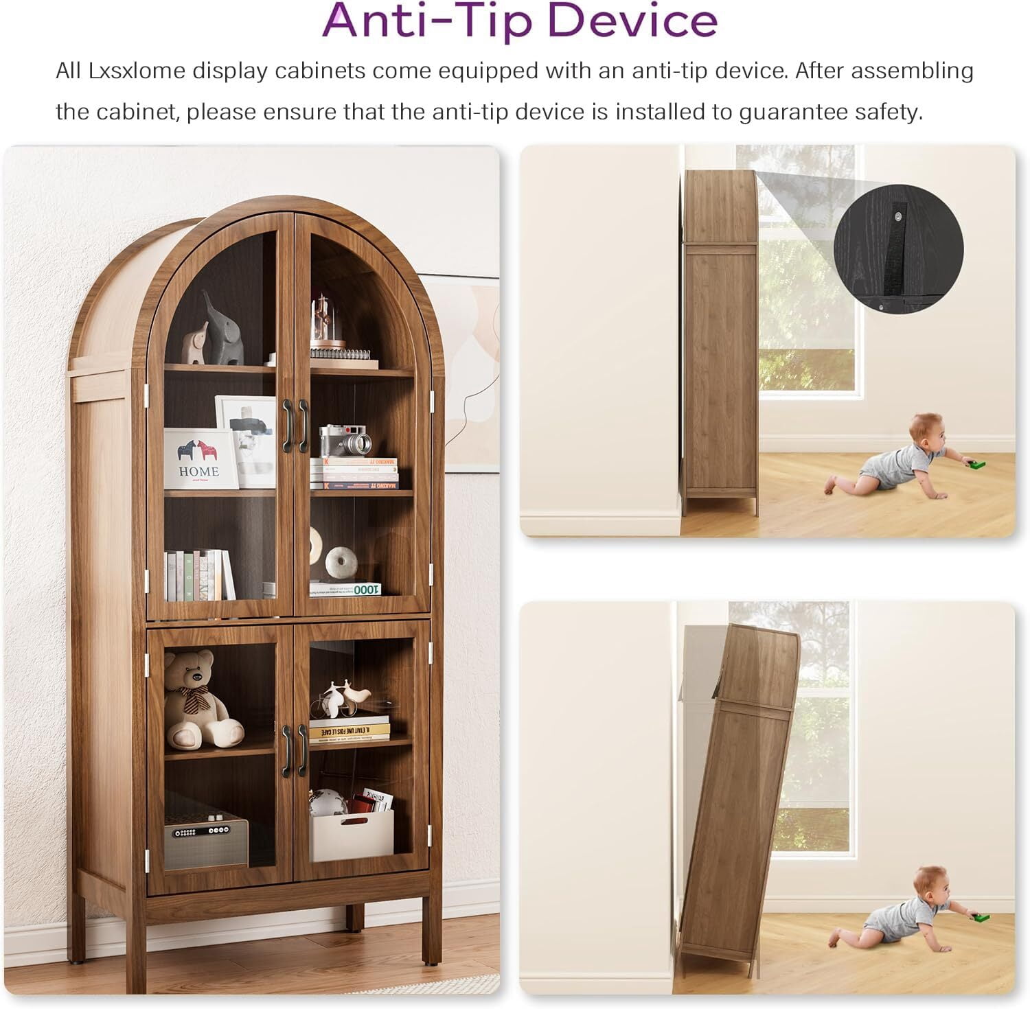 Fsbecl Tall Arched Display Cabinet with Acrylic Glass Doors, Pantry Storage Cabinet for Living Dining Room, Walnut
