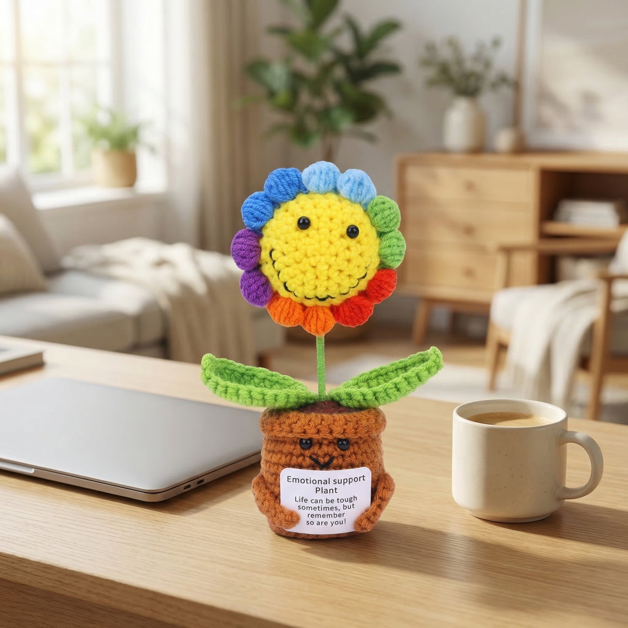 Unique Bargains 2Pcs Handmade Crochet Potted Plant Dashboard Rainbow Sunflower 4.3 in