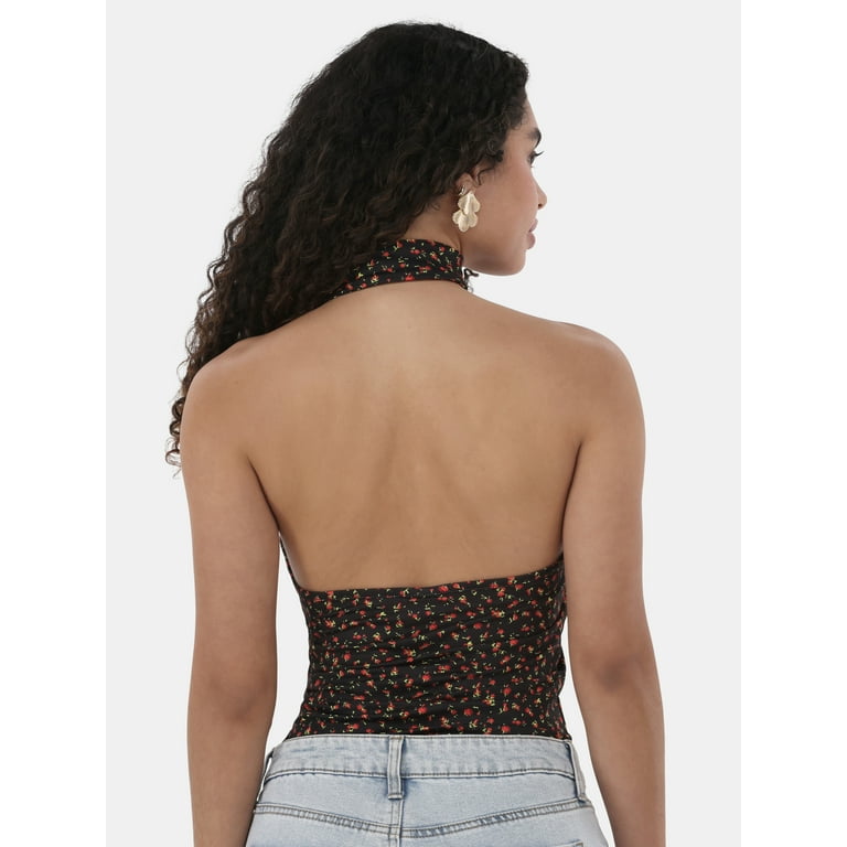 No Boundaries Rose Print Halter Scarf Top, Women's - Walmart.com
