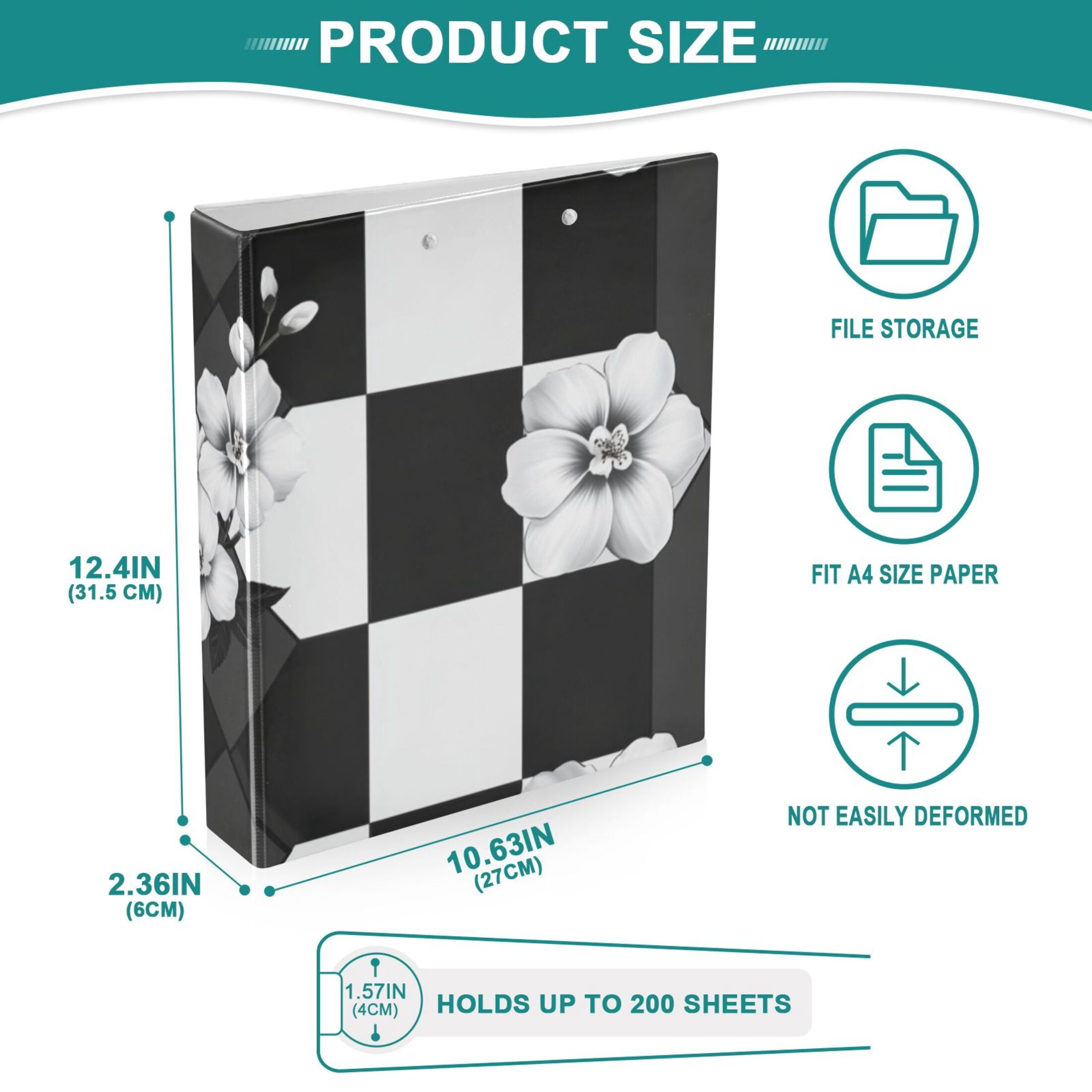 White Flowers in Grid 3 Ring Binders 1.5 inch Hardcover File Folders with Interior Pockets A4 Size Organizer for School Office Hospital Set of 2
