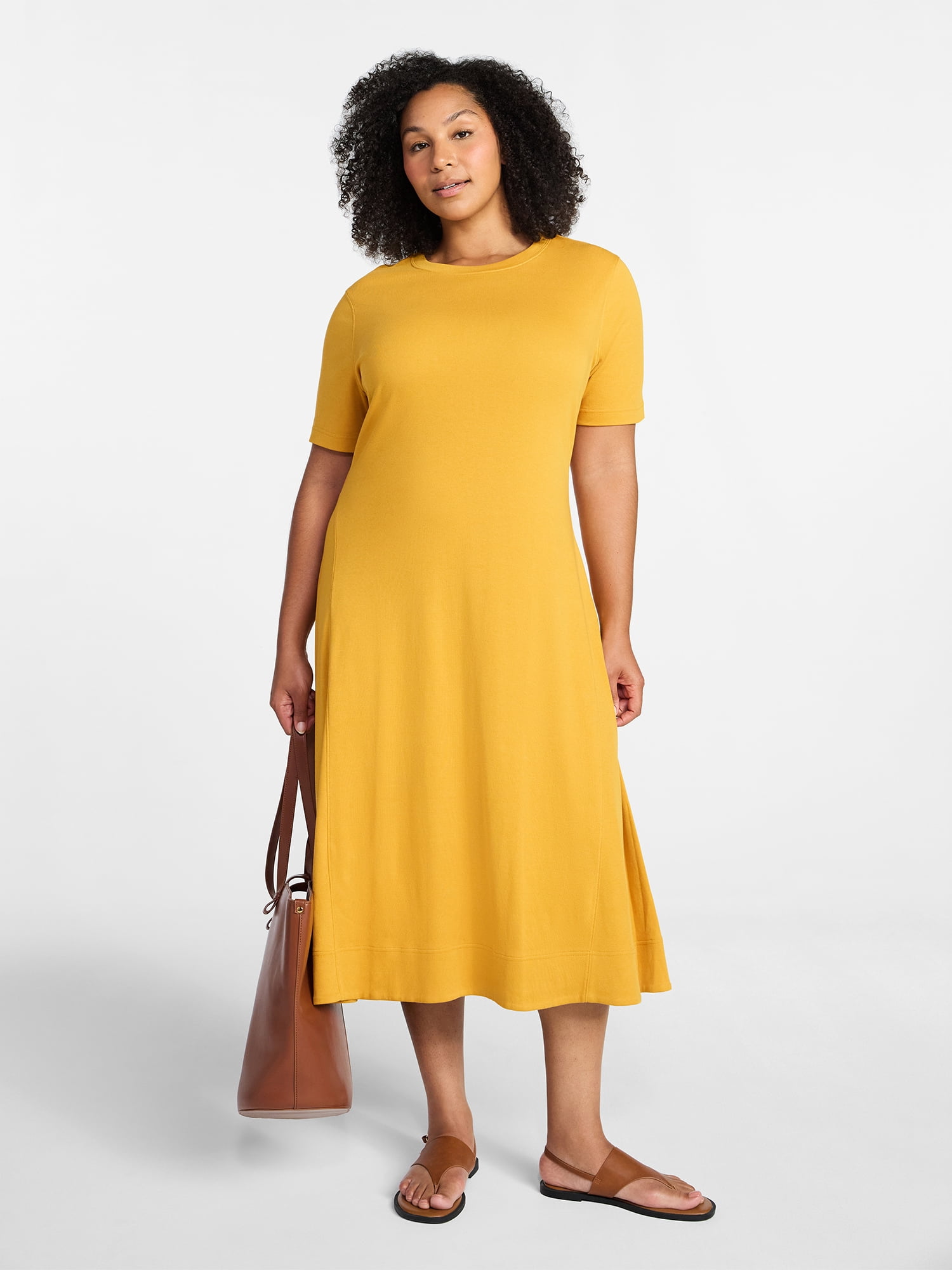 Time and Tru Women's Seamed Cotton Midi Dress, Sizes XS-XXXL