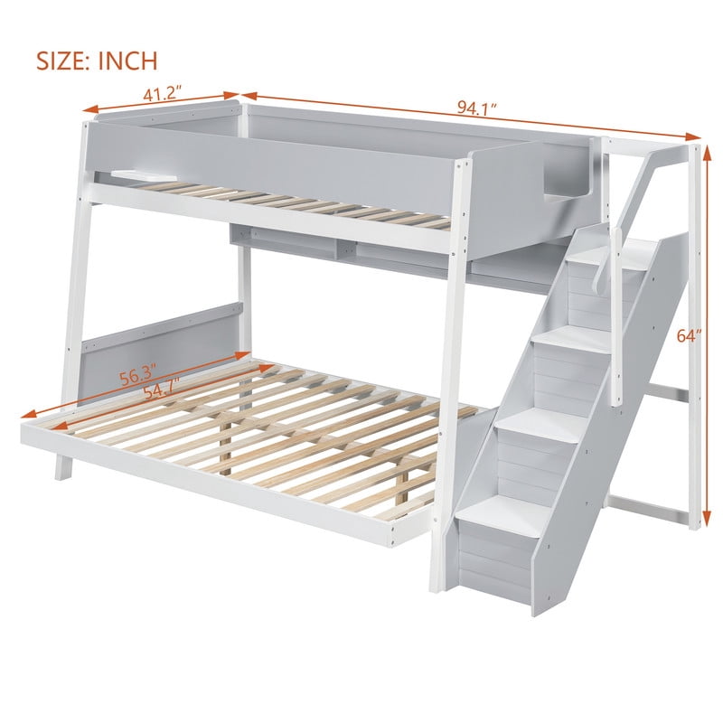 Twin over Full Bunk Bed with Striped-Design Staircase, Kids Teens Wooden Storage Bed Frame with Side Shelves