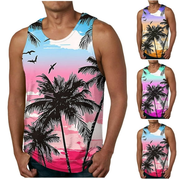 Axiiglly Tank Tops Men Hawaiian Beach Tank Top Summer Cotton Undershirt Casual Slim Sleeveless Shirts Compression Muscle Shirt Vacation Palm Graphic Tank Top Running Gym Workout Tank Top