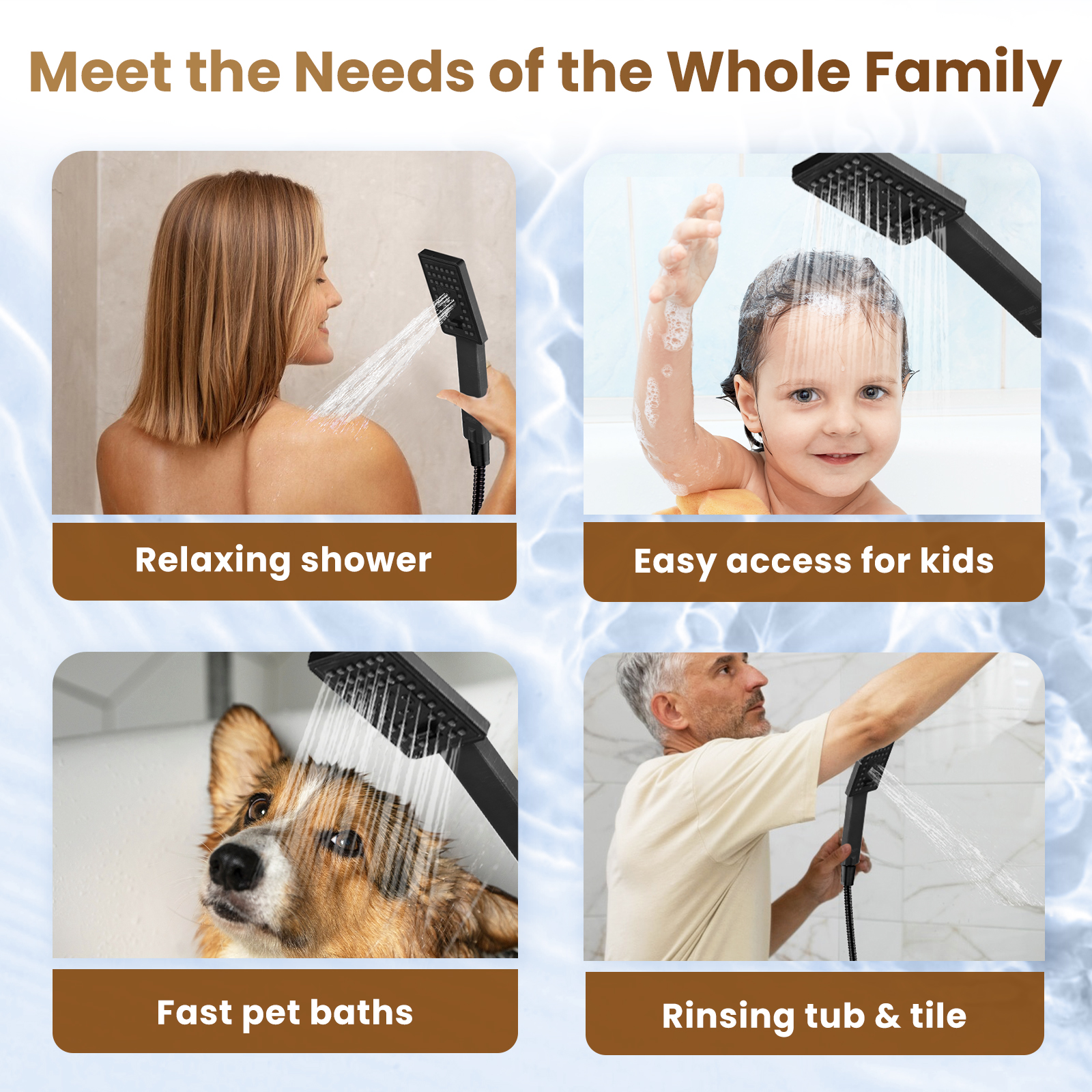 BRIGHT SHOWERS Rain Shower Head with Handheld Spray 5 ft. Shower Hose Combo Includes Wall Mount Suction Bracket 3-Way Water Diverter Mount (8 Inch Square, Matte Black)